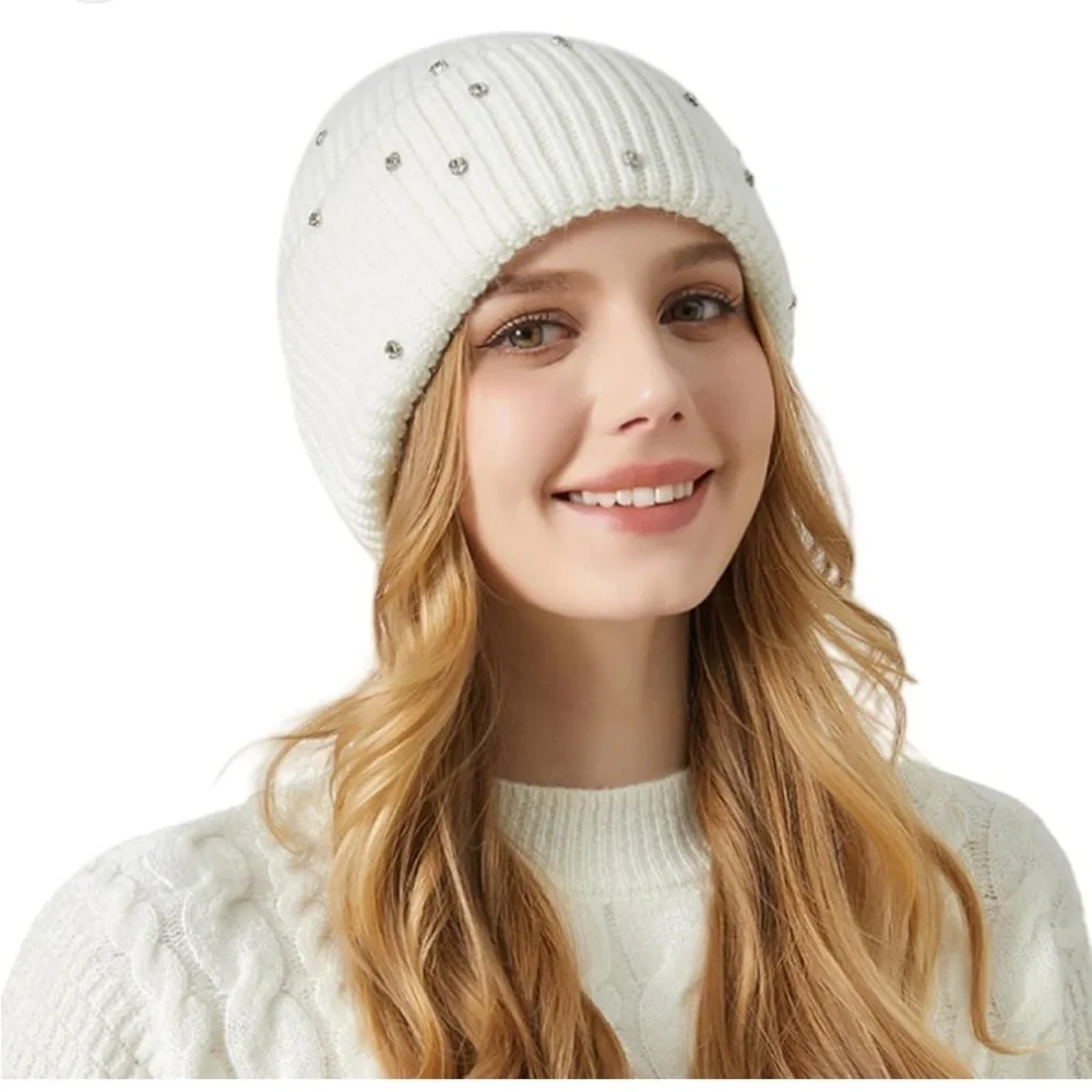 White Cable Knit Beanie Silver Studs Y2K Winter Hat One Size